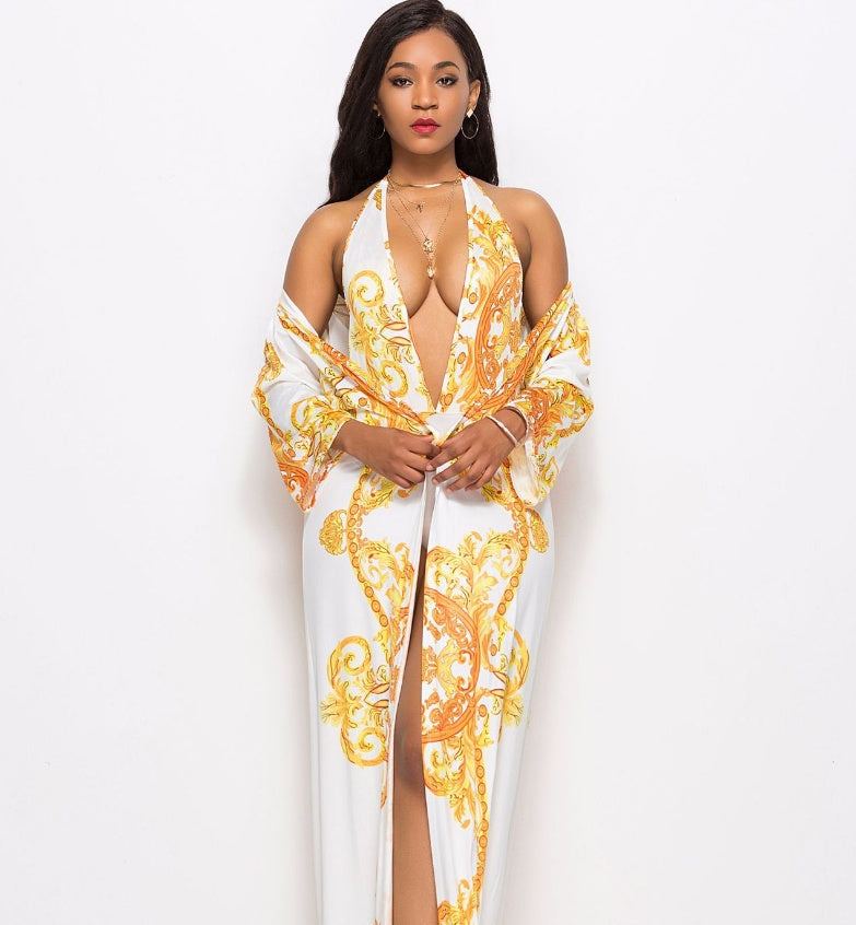 Printed Cloak Bikini with Breezy Cover for Stylish Transitions-White-Theone Apparel