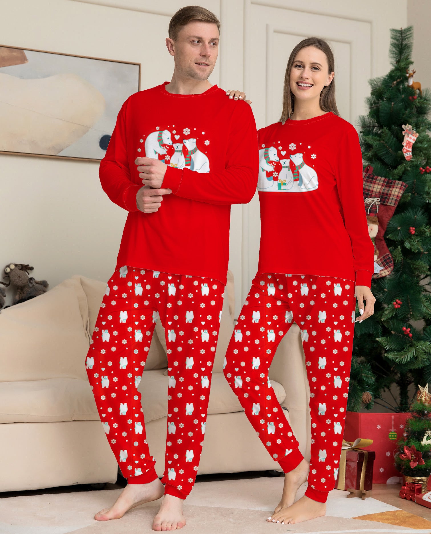Red and White Polar Bear Matching Family Pajamas for Christmas Morning-Theone Apparel