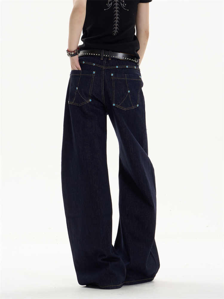 Retro Dark Blue Straight Jeans with Loose Wide-Leg Fit-Theone Apparel