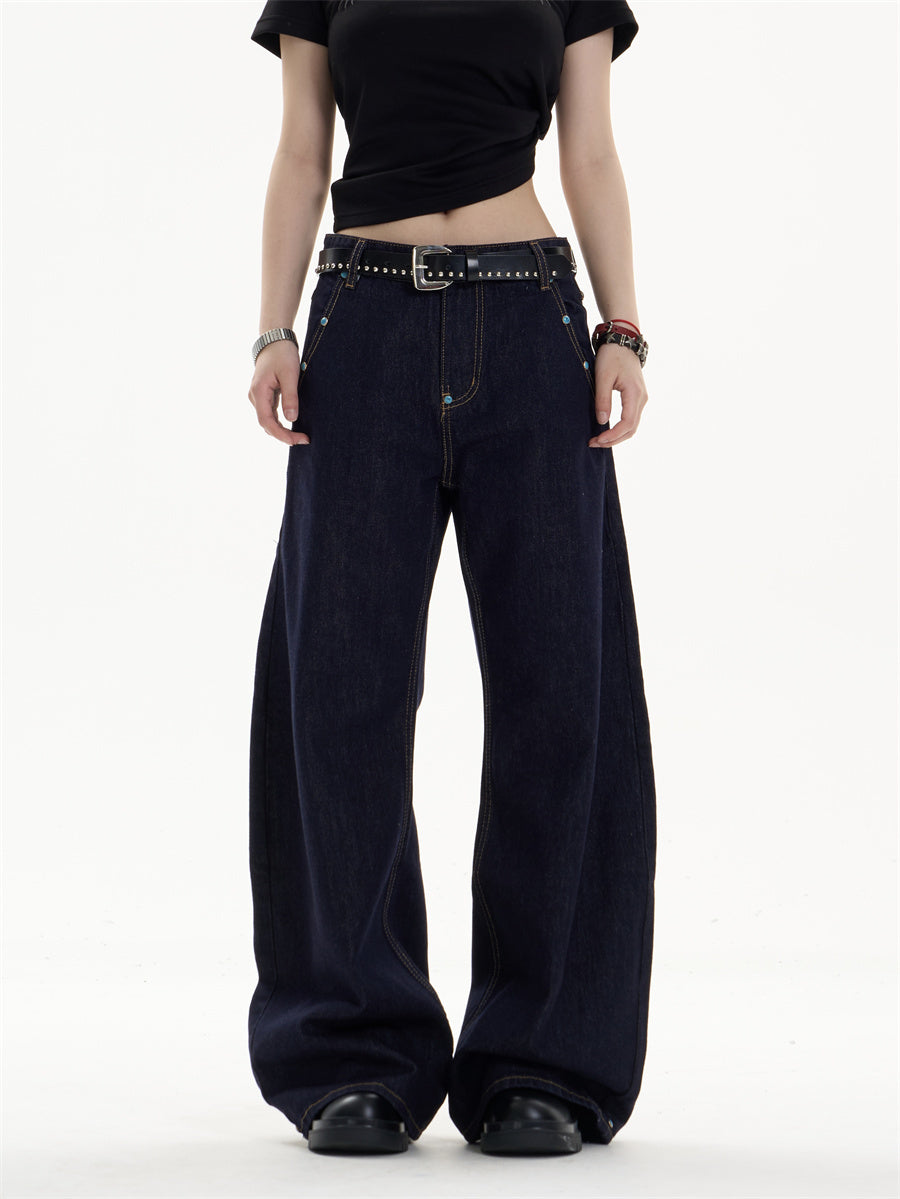 Retro Dark Blue Straight Jeans with Loose Wide-Leg Fit-Dark Blue-Theone Apparel