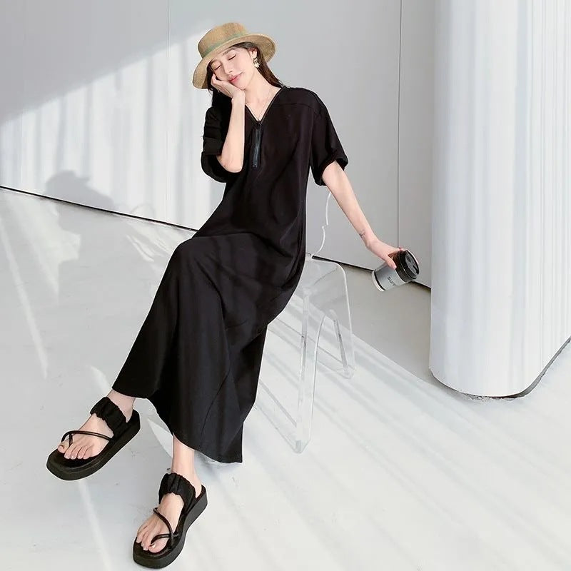 Retro Hepburn Zipper Dress with Loose Summer Fit-Black-Theone Apparel