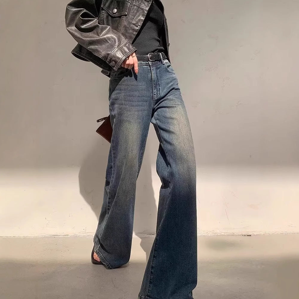 Retro Washed Blue Micro-Pull Mop Jeans for Casual Flair-Theone Apparel