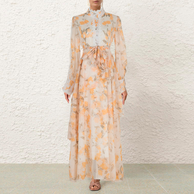 Ruffled Lace-Detail Dress with Irregular Hemline Charm-Orange-Theone Apparel