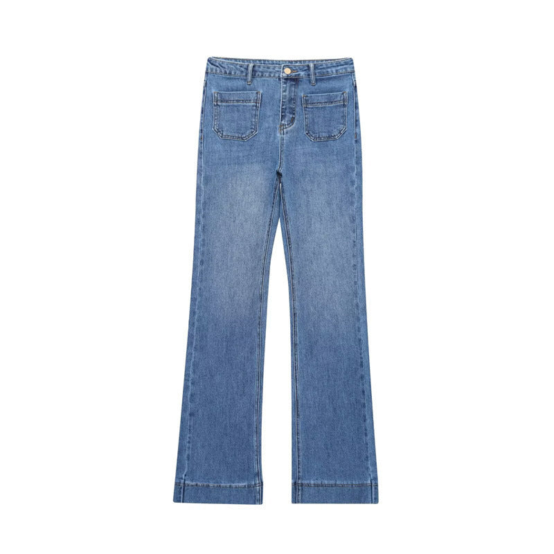 Simple Sticker Pocket Jeans with High-Waist Street Style-Theone Apparel