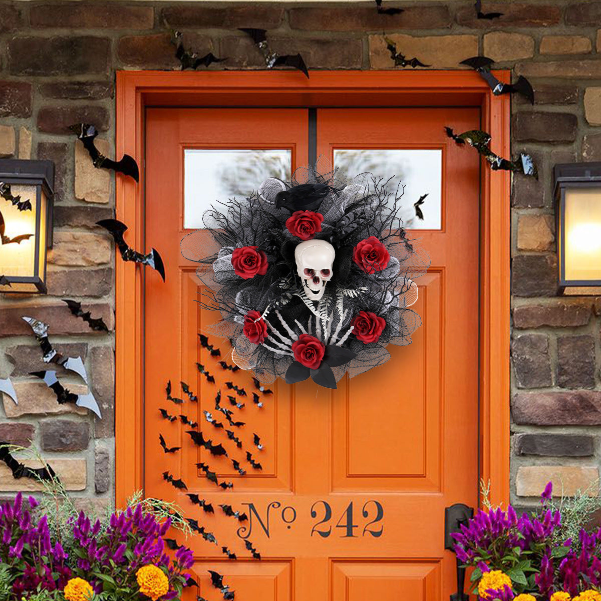 Skull and Roses Halloween Style Wreath in Red, Black and Gray-Theone Apparel