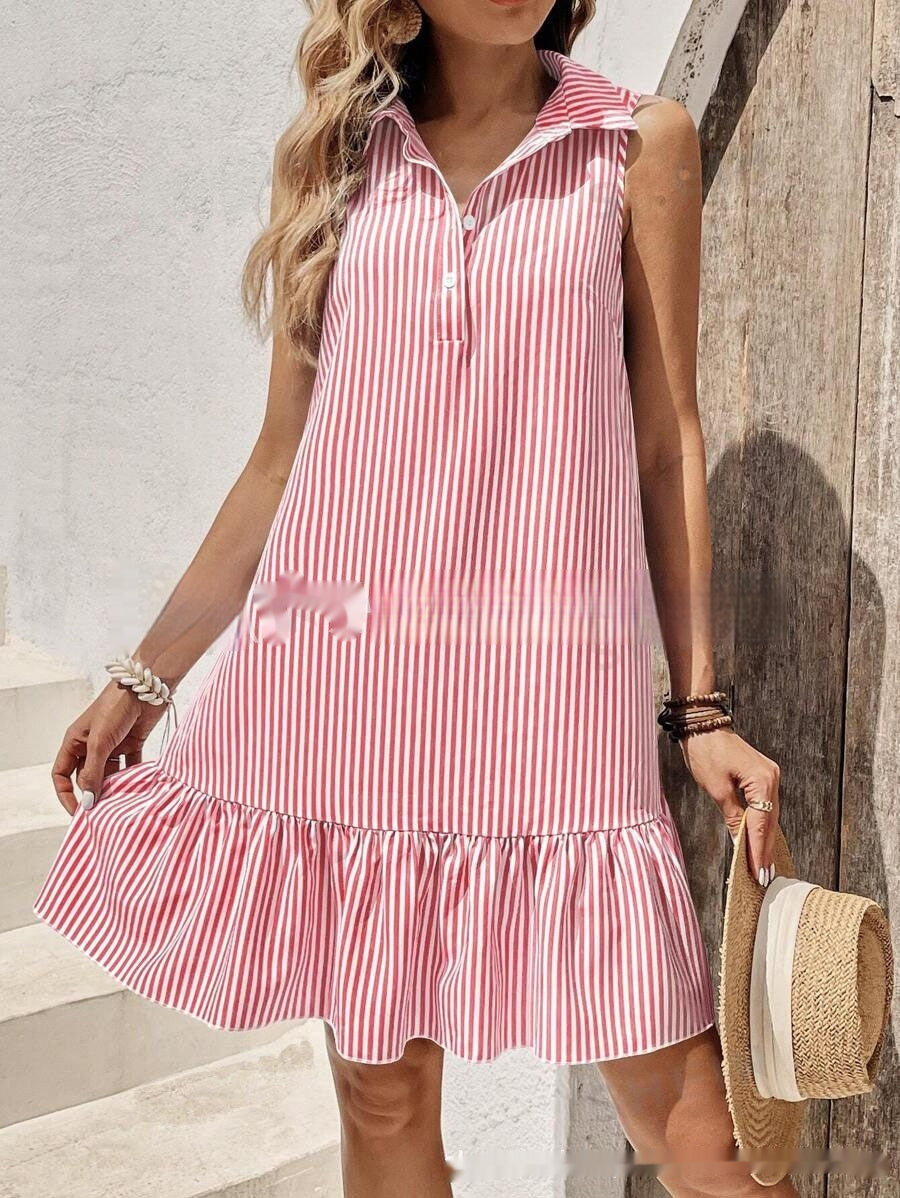 Sleeveless Shirt Dress with Button Detail and Classic Collar-Pink-Theone Apparel