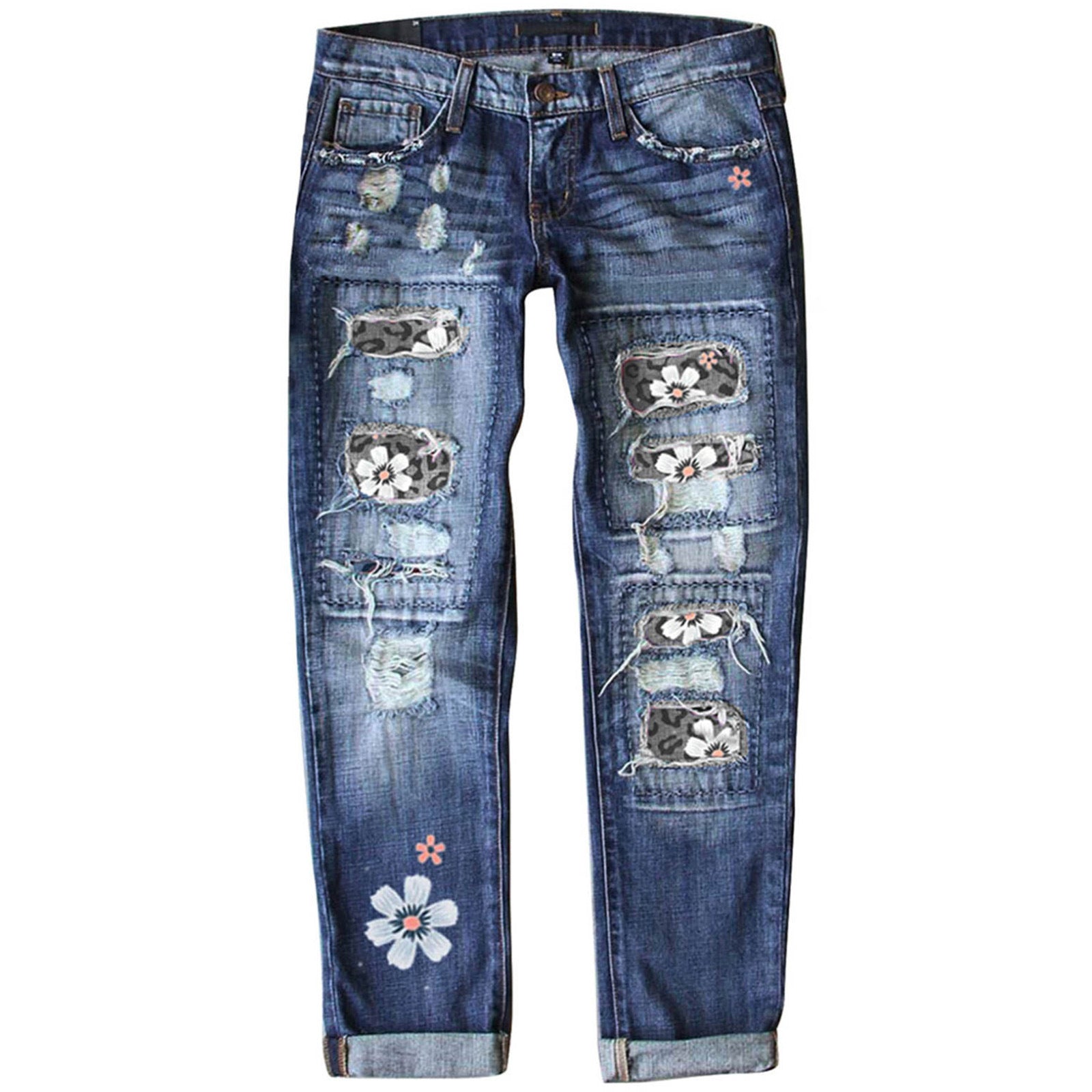 Slim-Fit Printed Denim Pants with Graphic Edge-Gray Foral-Theone Apparel