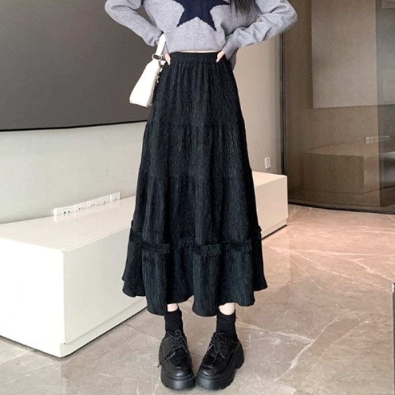 Slimming Midi A-Line Skirt With Korean Style Elastic Waist-Black-Theone Apparel