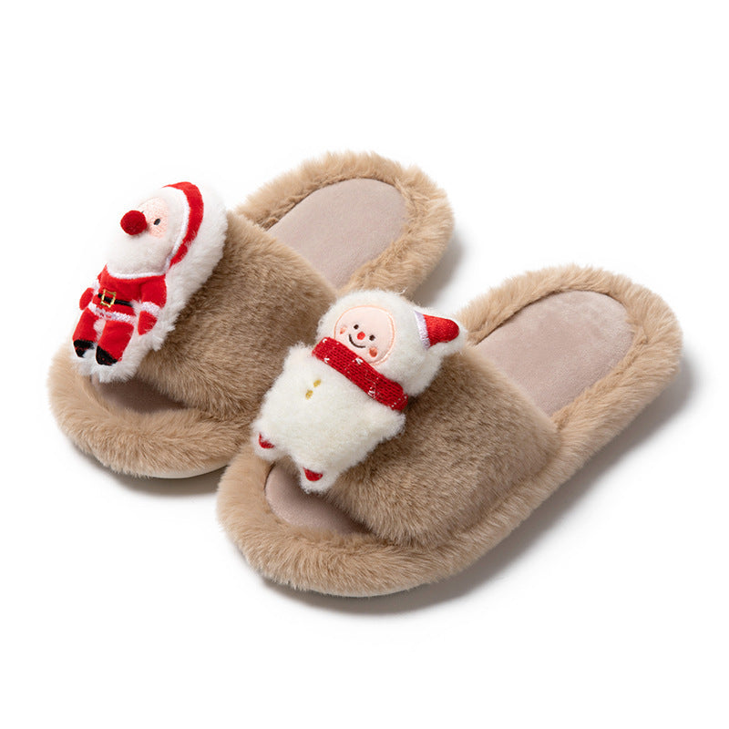 Soft Fleece Lined 3D Santa House Slippers with Open Toe-Brown-Theone Apparel