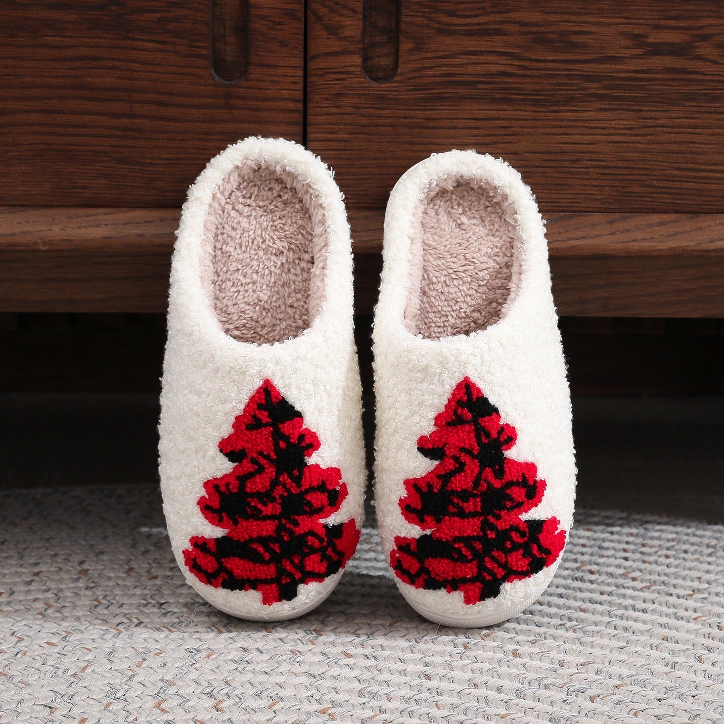 Soft Fleece Lined House Slippers with Red and Black Christmas Trees-Christmas tree-Theone Apparel