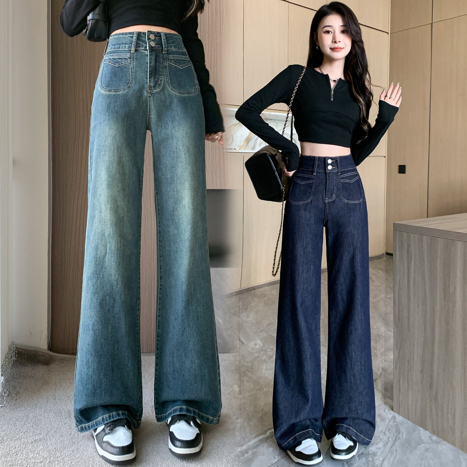 Spring/Autumn Retro Wide-Leg Jeans with Small High Waist Cut-Theone Apparel