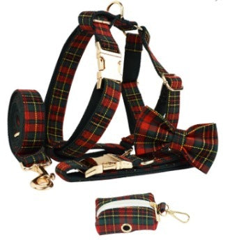 Tartan Plaid Christmas Holiday Bow Dog Leash Collar Harness-Set Of Five-Theone Apparel