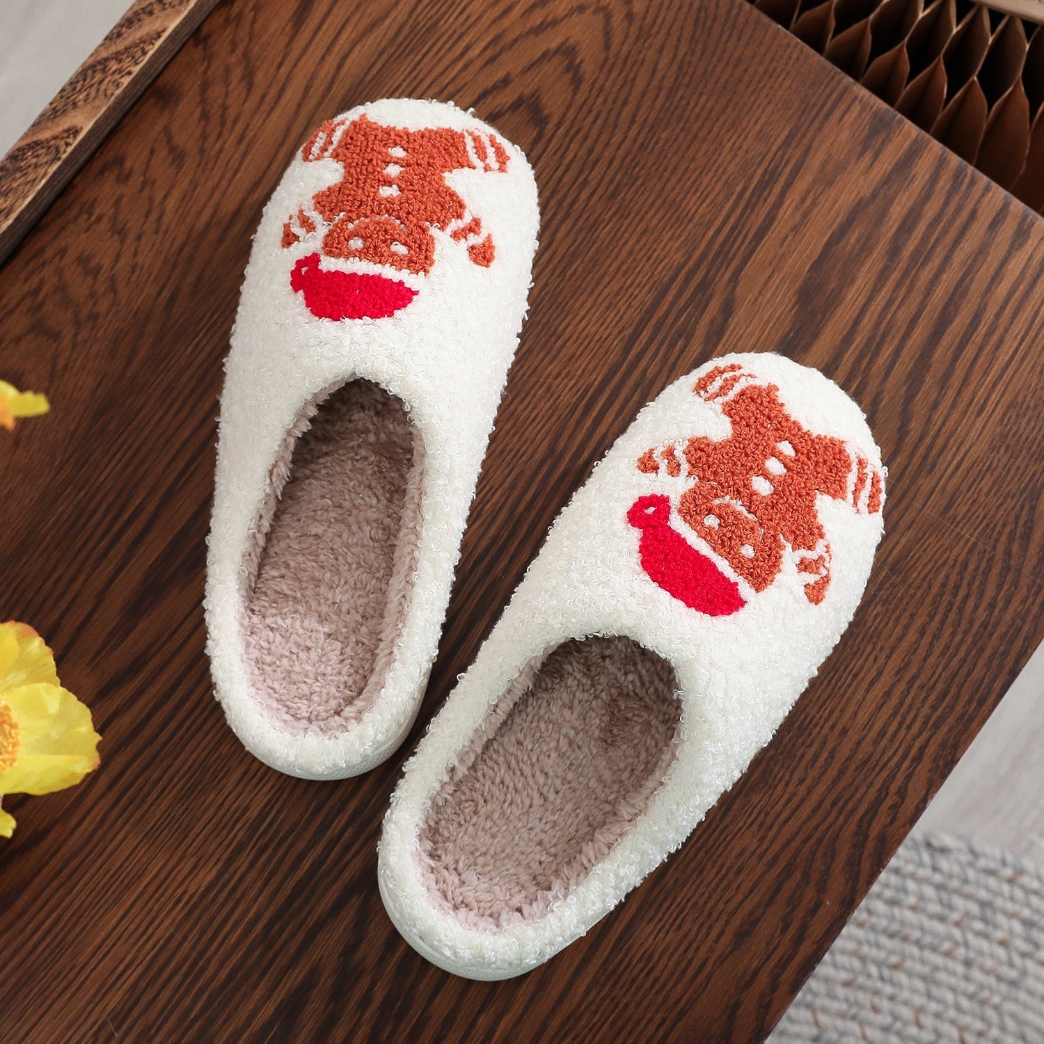 Ultra Soft Fleece Closed Toe Slip On Gingerbread House Shoes-Theone Apparel