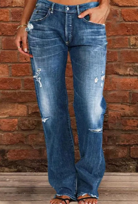 Unisex Loose Straight-Leg Ripped Denim Jeans for All Genders-Dark Blue-Theone Apparel