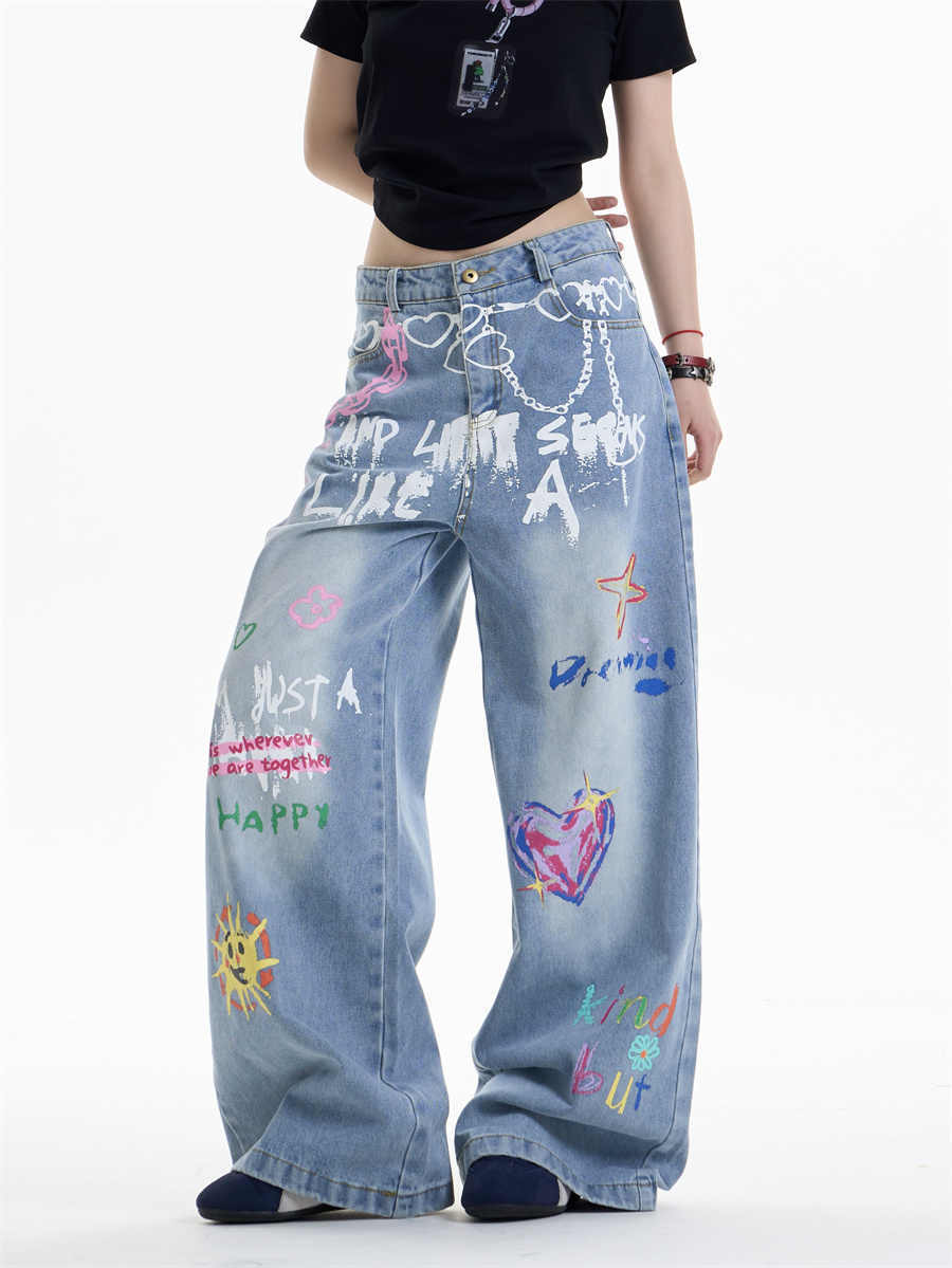 Waist Chain Print Wide-Leg Jeans for Bold Urban Edge-Theone Apparel