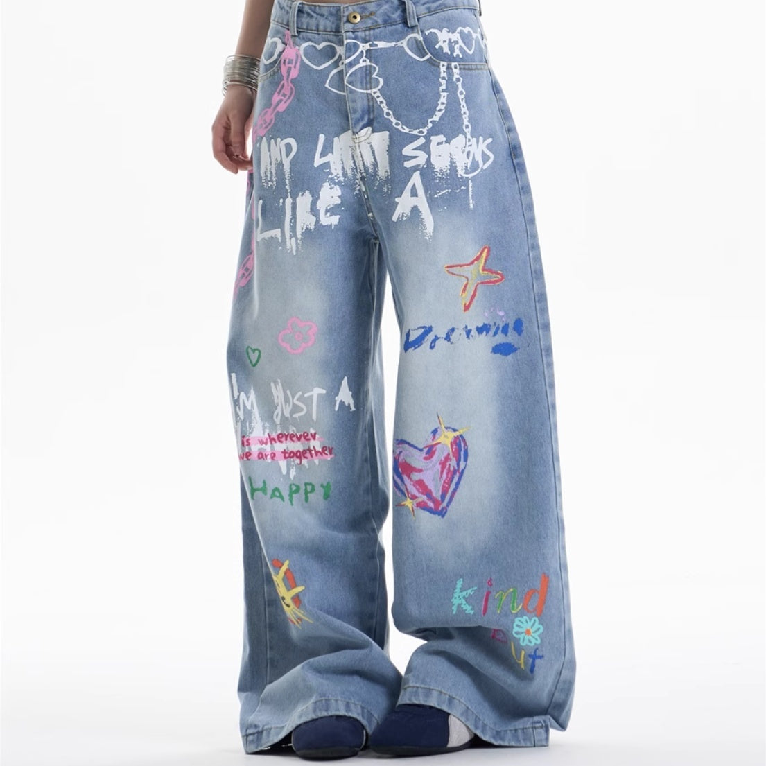Waist Chain Print Wide-Leg Jeans for Bold Urban Edge-Theone Apparel