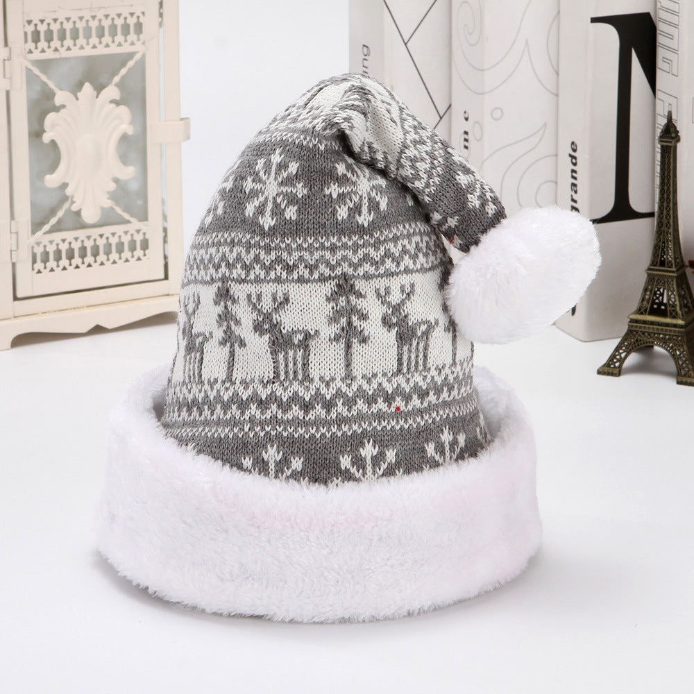 Wintry Patterned Ultra Soft Fleece Christmas Hats with Puffballs-Gray White Deer-Theone Apparel