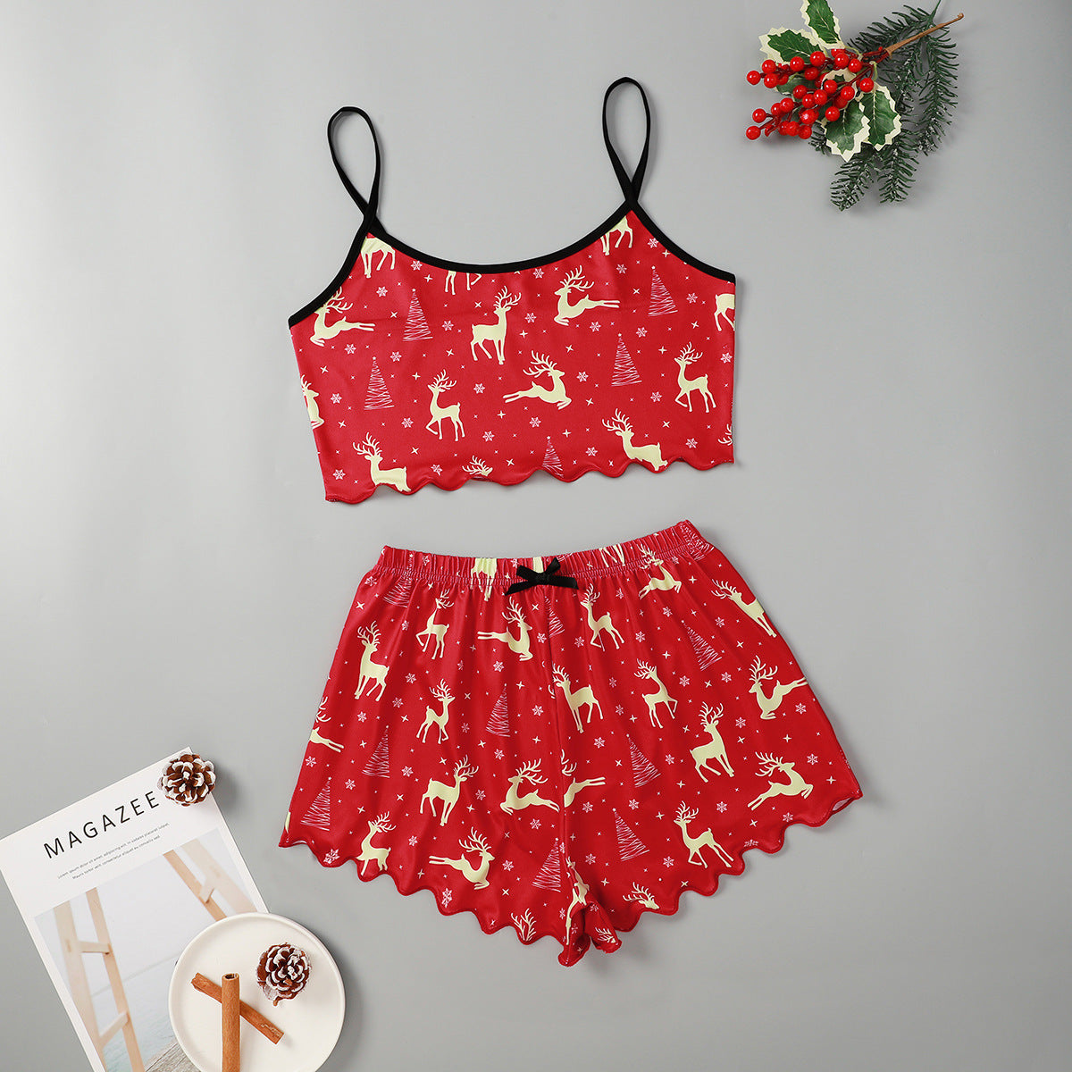 Women's Adorable Two Piece Christmas Pajama Crop Top and Shorts Set-Little Reindeer-Theone Apparel
