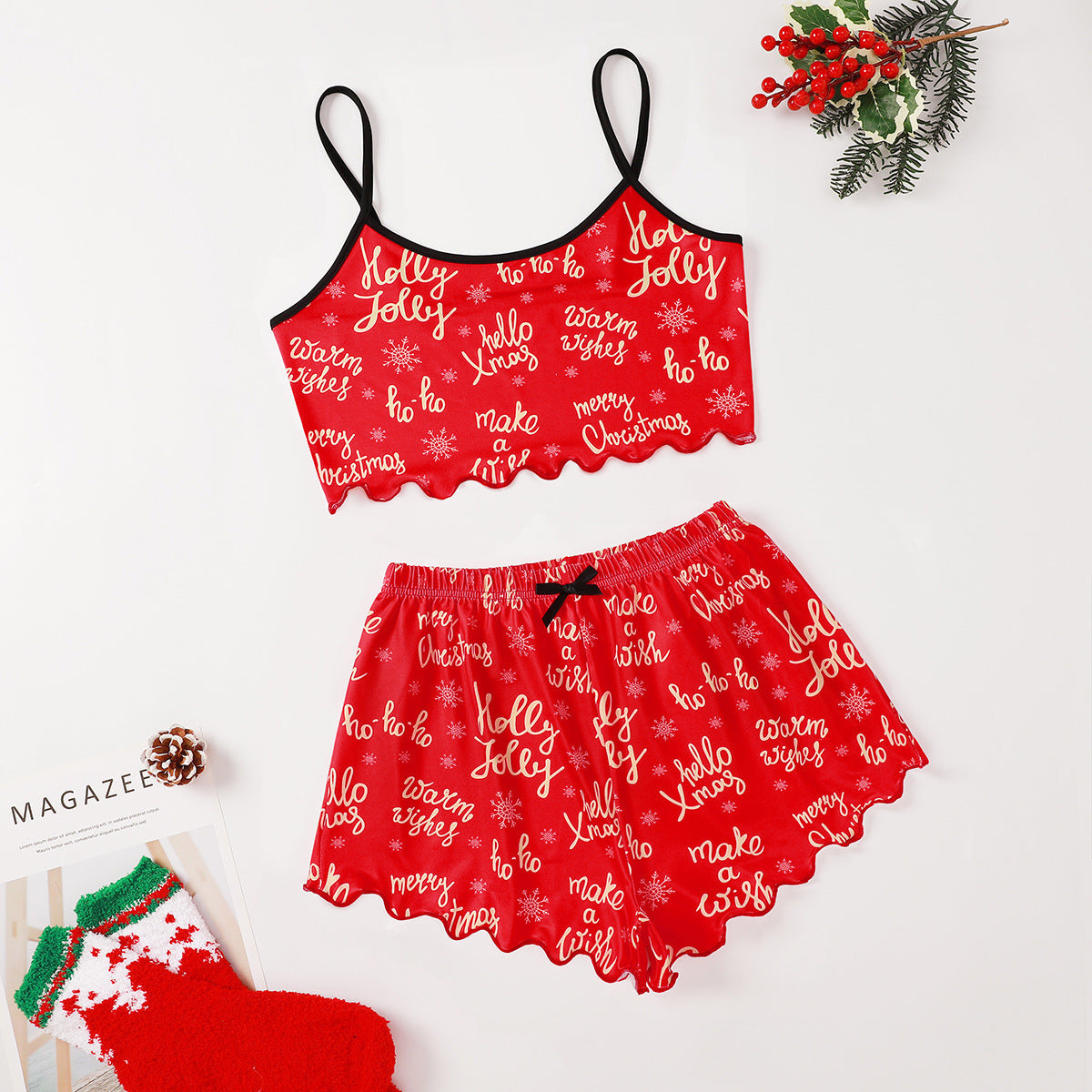 Women's Adorable Two Piece Christmas Pajama Crop Top and Shorts Set-Theone Apparel