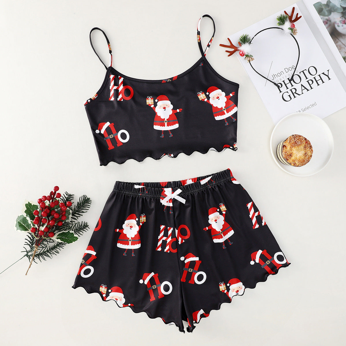 Women's Adorable Two Piece Christmas Pajama Crop Top and Shorts Set-Theone Apparel