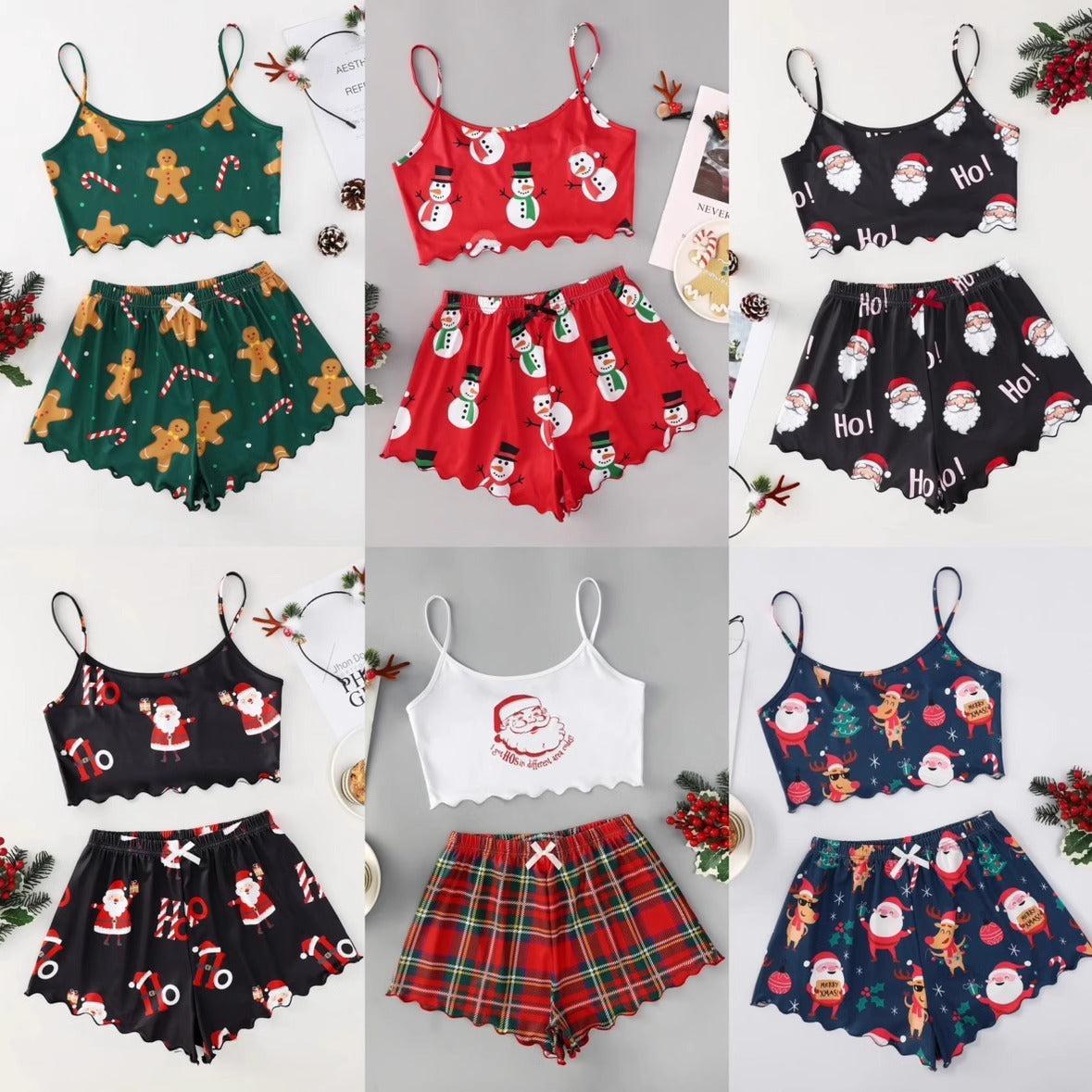 Women's Adorable Two Piece Christmas Pajama Crop Top and Shorts Set-Theone Apparel