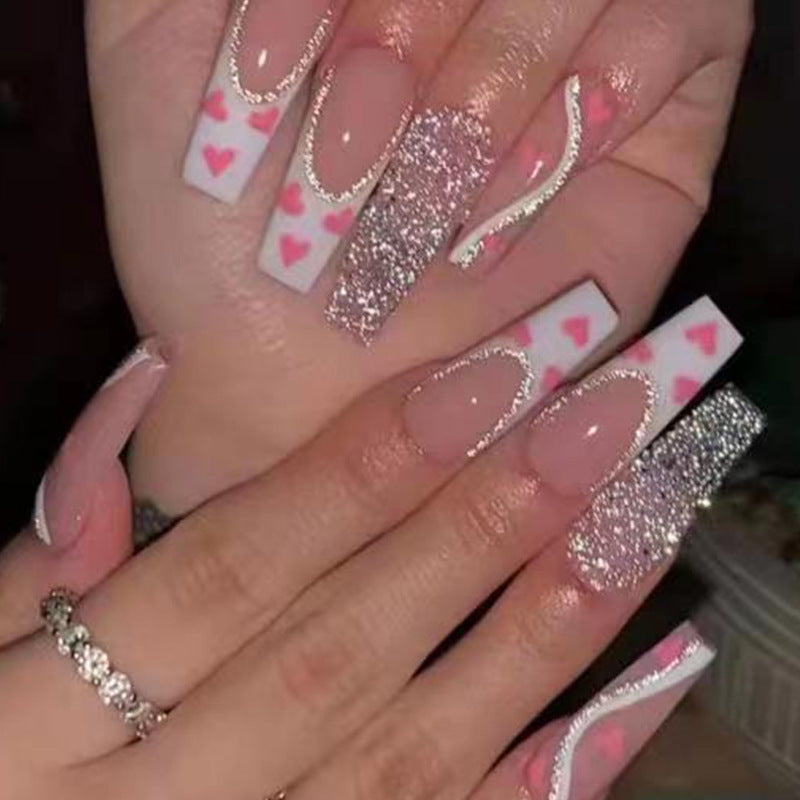 Women's Coffin Shaped Pink Nail Set with Gray Accent Nail-Theone Apparel