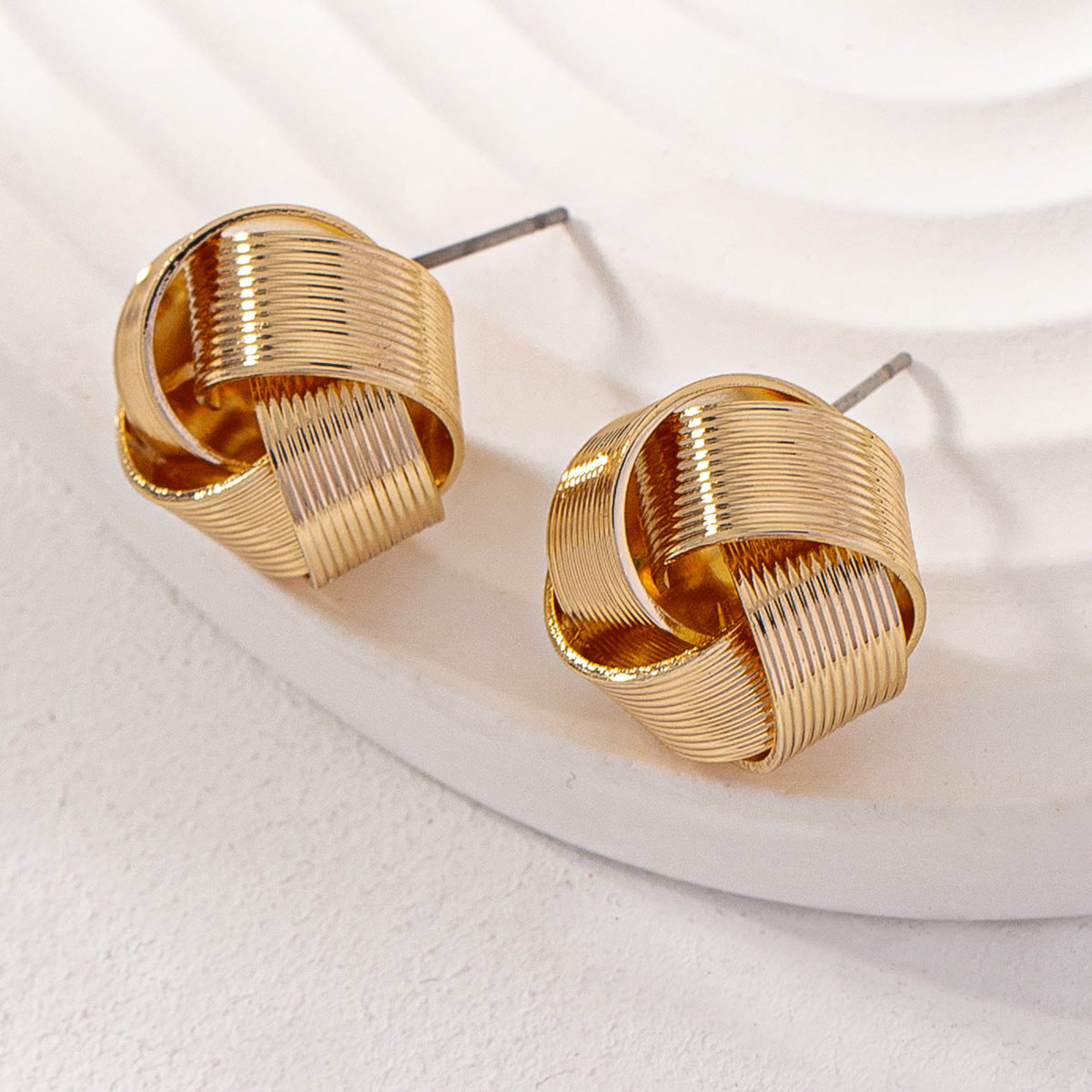 Women's Golden Toned Folded Ribbon Christmas Stud Earrings-Theone Apparel