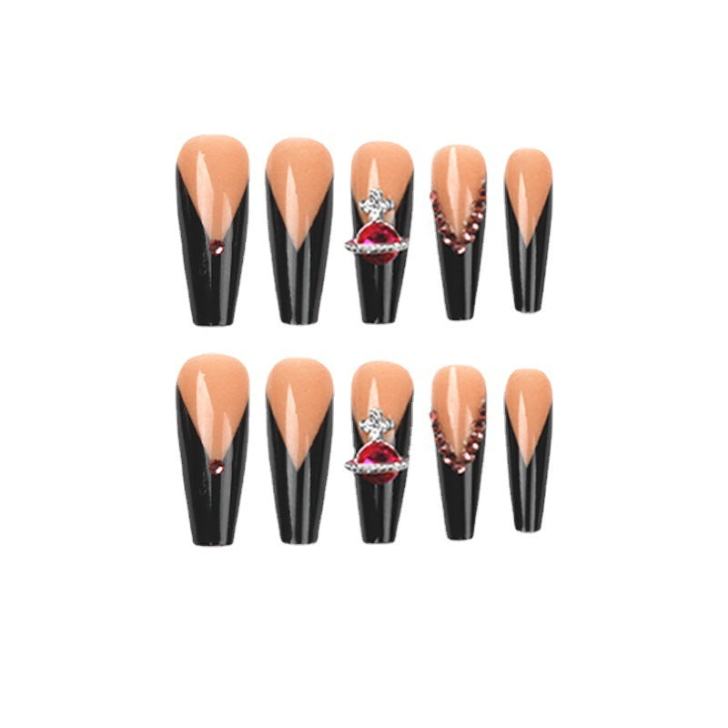 Women's Long French Nail Casket Shaped Nail Set with Rhinestones-Theone Apparel