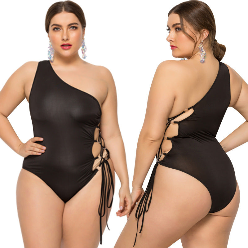 Women's One Piece Asymmetrical Swimsuit with Tassels-Black-Theone Apparel