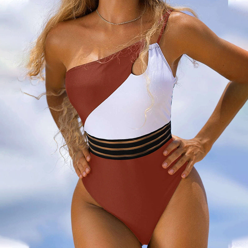 Women's One Piece Black and White Asymmetrical Cold Shoulder Swimsuit-Theone Apparel