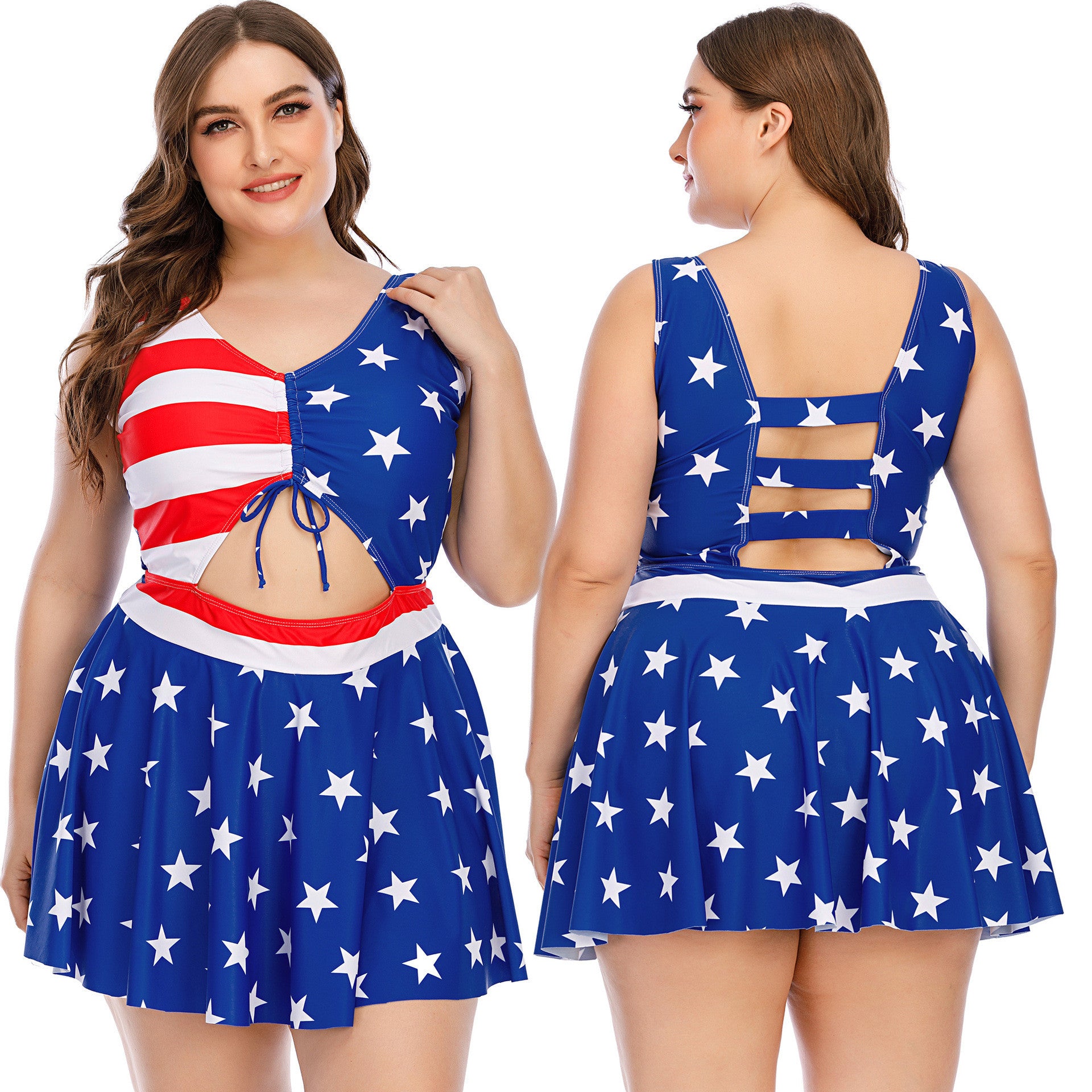 Women's One Piece Dress Style Swimsuit with Midriff Cutout-Flag A-Theone Apparel