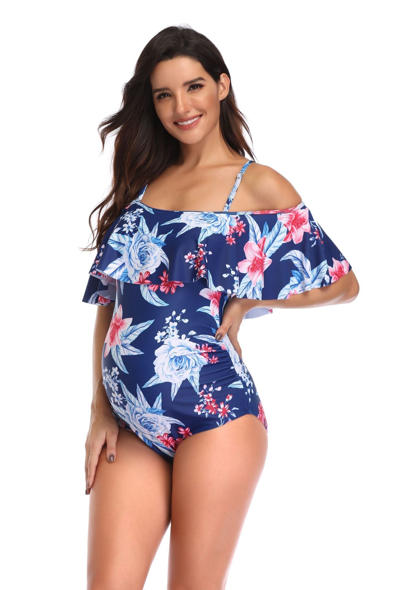 Women's One Piece Off Shoulder Floral Print Swimsuit-Blue-Theone Apparel
