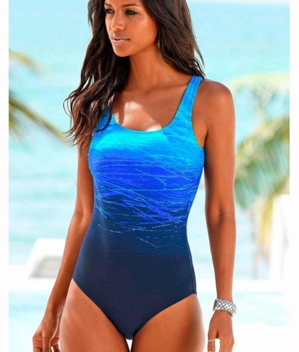 Women's One Piece Ombre Color Swimsuit with Strappy Back-Blue-Theone Apparel