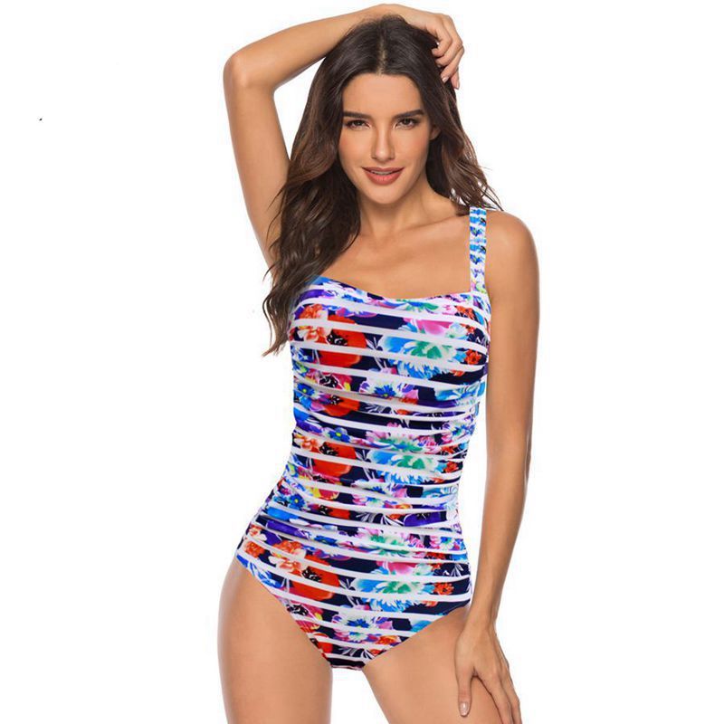 Women's One Piece Solid Color Square Neckline Swimsuit-Blue-Theone Apparel