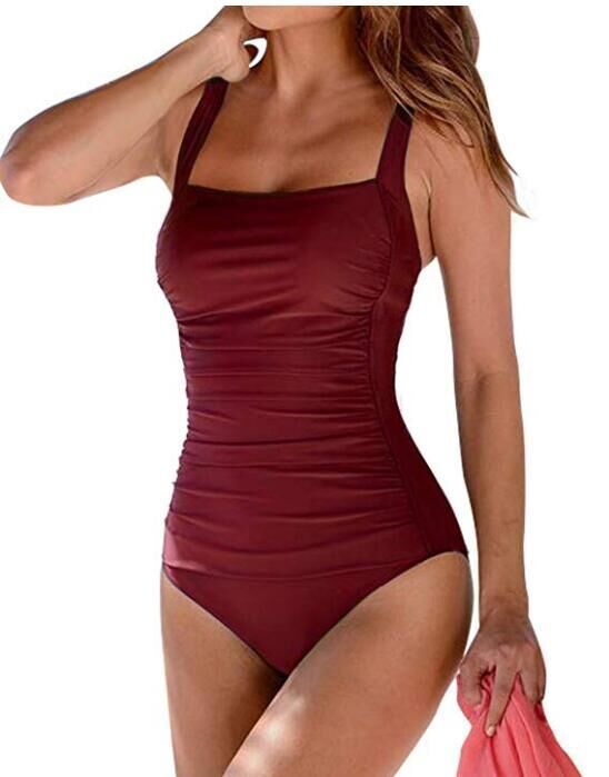 Women's One Piece Solid Color Square Neckline Swimsuit-Maroon-Theone Apparel