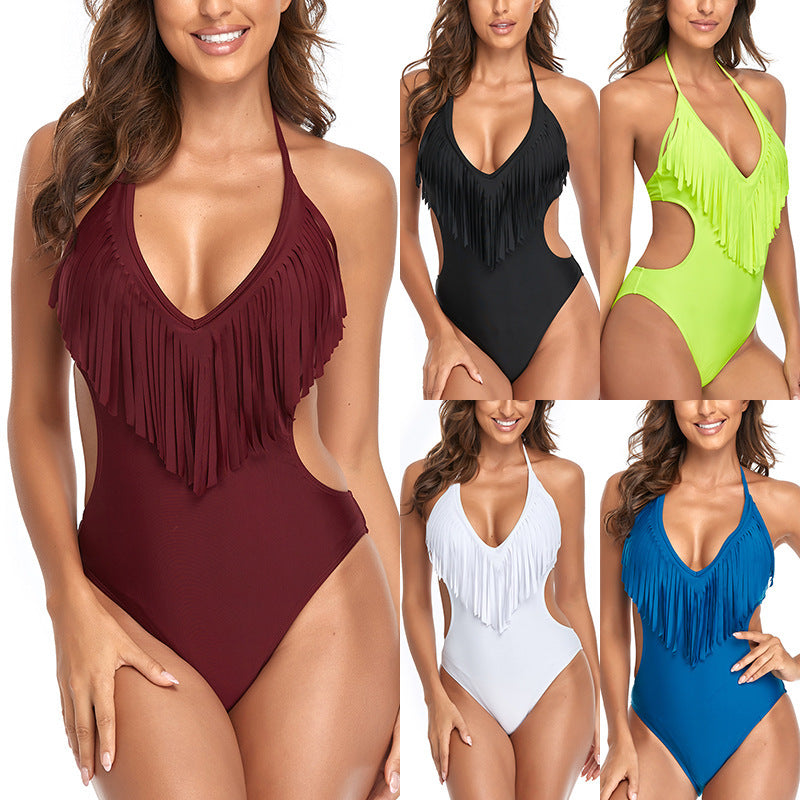 Women's One Piece Swimsuit with Tassels and Side Cutouts-Theone Apparel