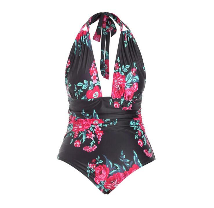 Women's Plus Size Floral Print One Piece Swimsuit-Black-Theone Apparel