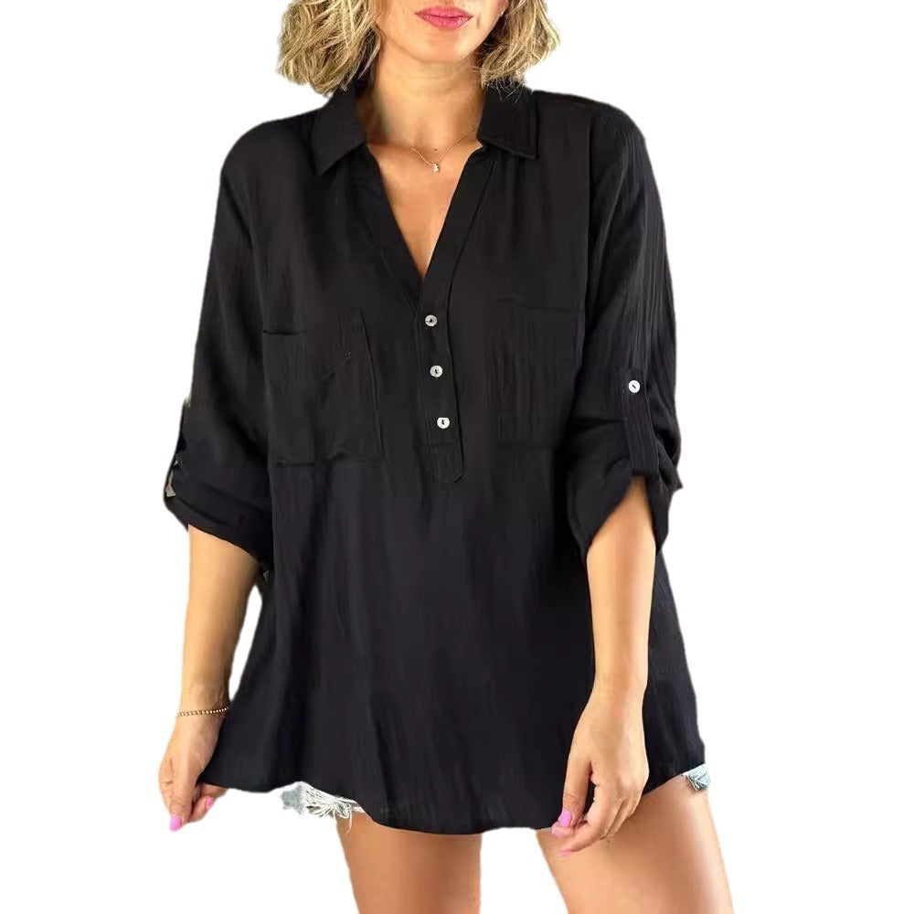Women's Solid Color Long Sleeve Button Up Blouse-Theone Apparel