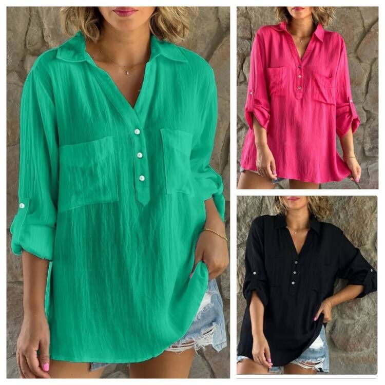 Women's Solid Color Long Sleeve Button Up Blouse-Theone Apparel