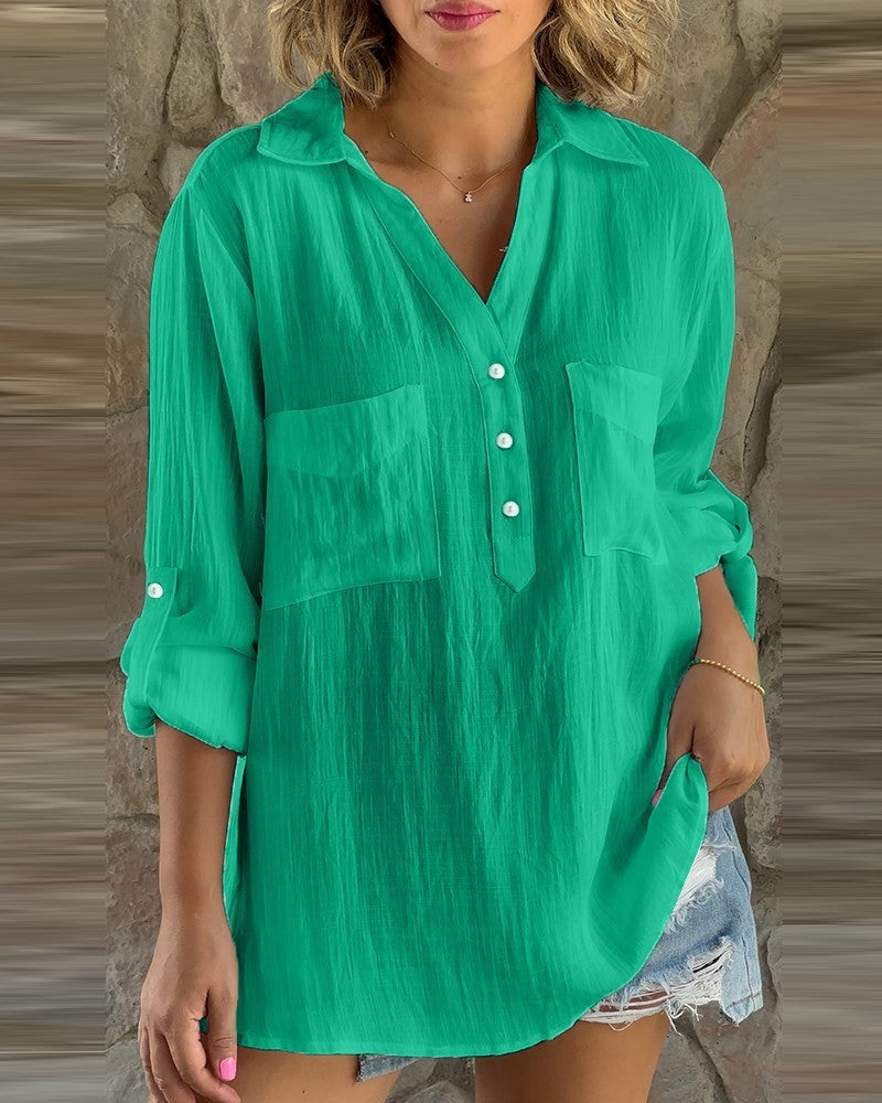 Women's Solid Color Long Sleeve Button Up Blouse-Green-Theone Apparel
