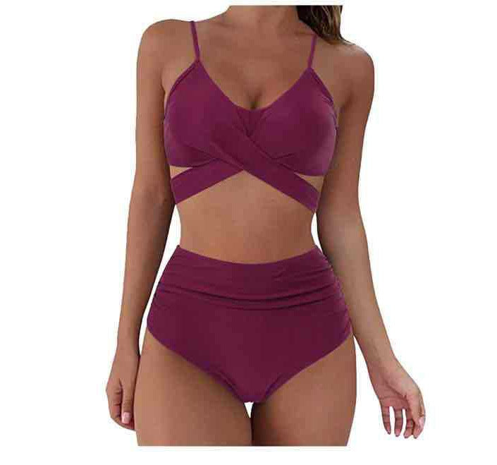 Women's Two Piece Bikini With High Waist Animal Print Bottoms-Maroon-Theone Apparel