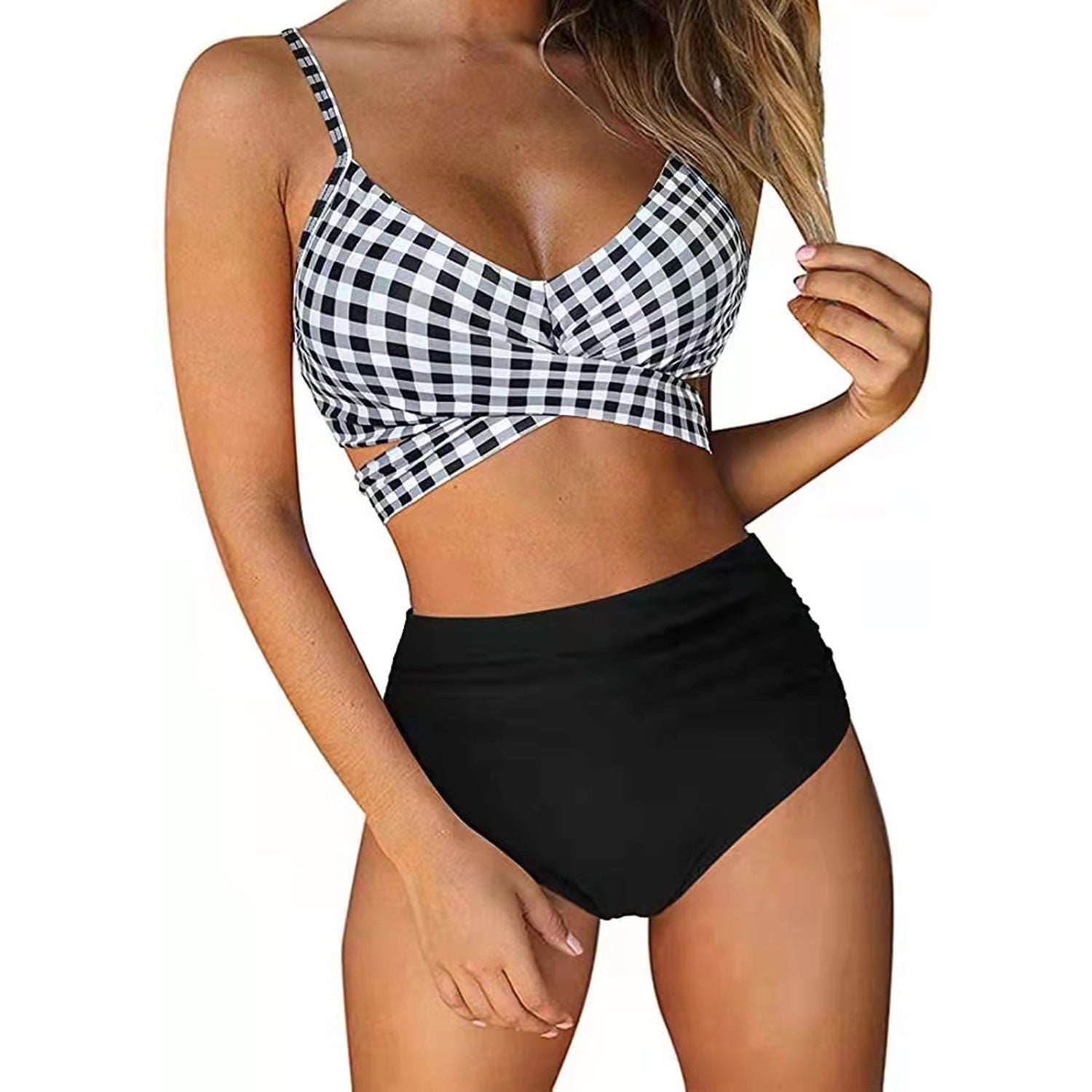Women's Two Piece Bikini With High Waist Animal Print Bottoms-White/Black-Theone Apparel