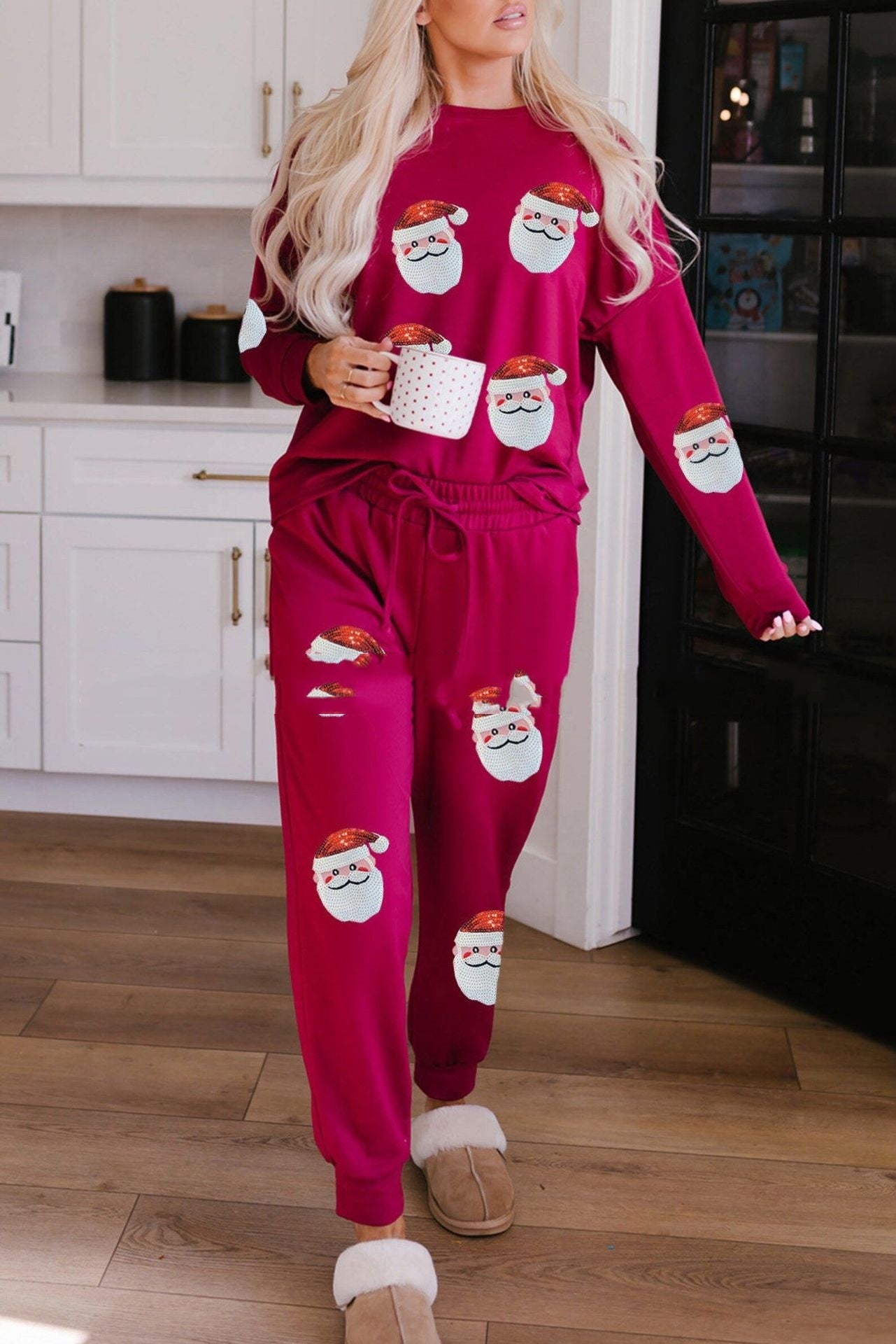 Women's Two Piece Christmas Morning Pajama Set in Various Colors and Patterns-Wine Red Santa Claus-Theone Apparel