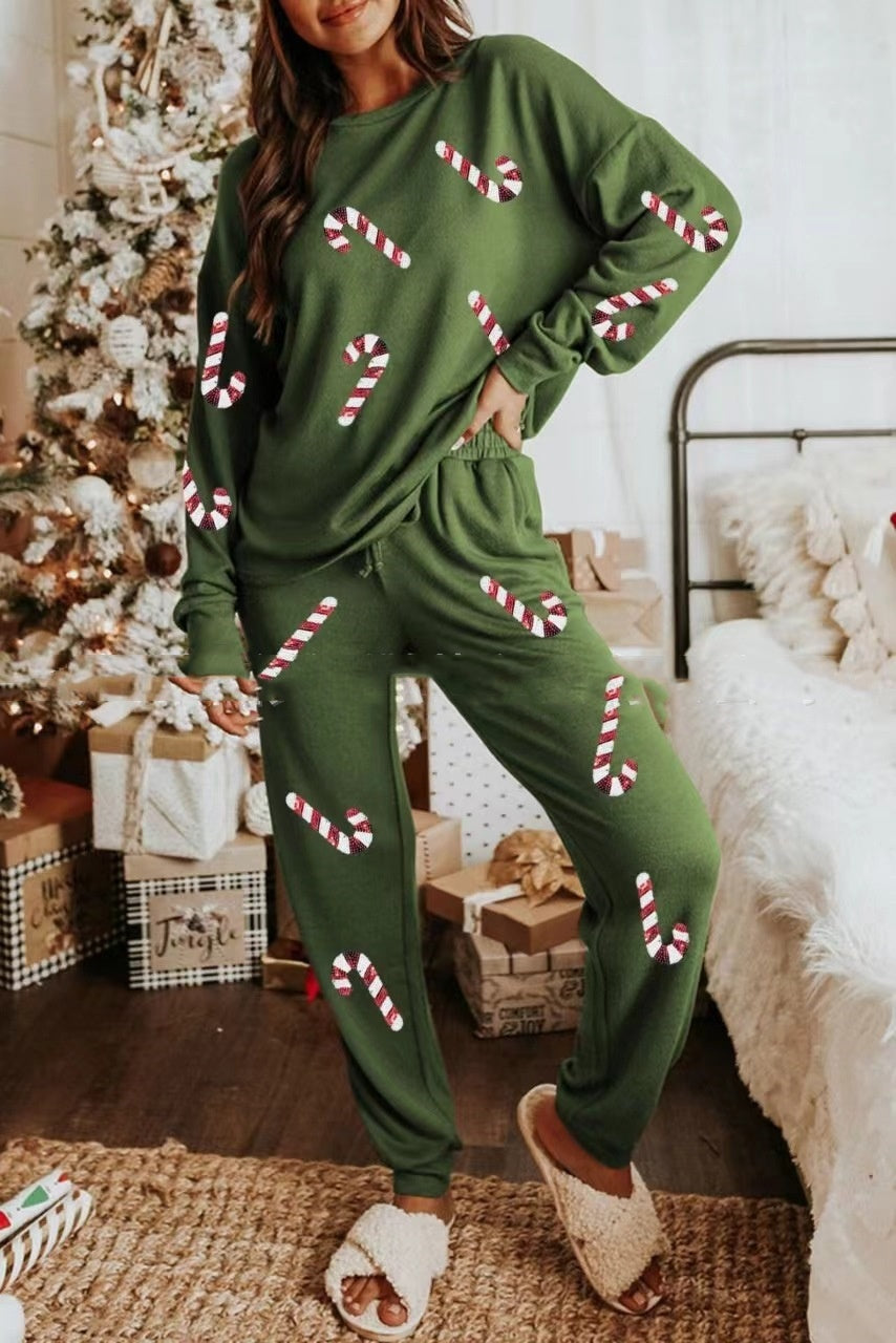 Women's Two Piece Christmas Morning Pajama Set in Various Colors and Patterns-Green Candy-Theone Apparel