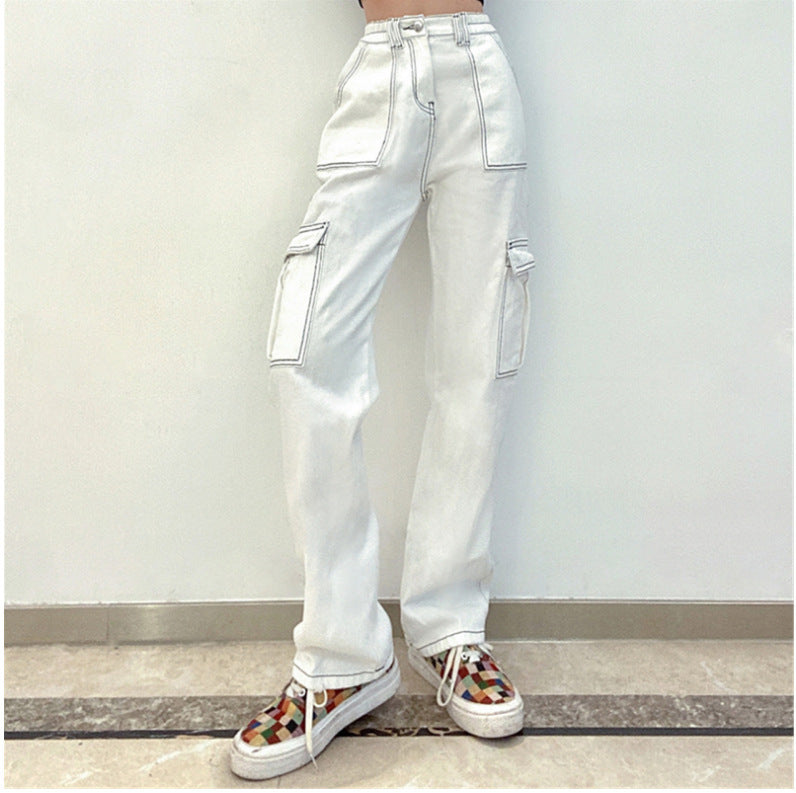 Workwear-Inspired Multi-Pocket High-Waist Straight Jeans-White-Theone Apparel