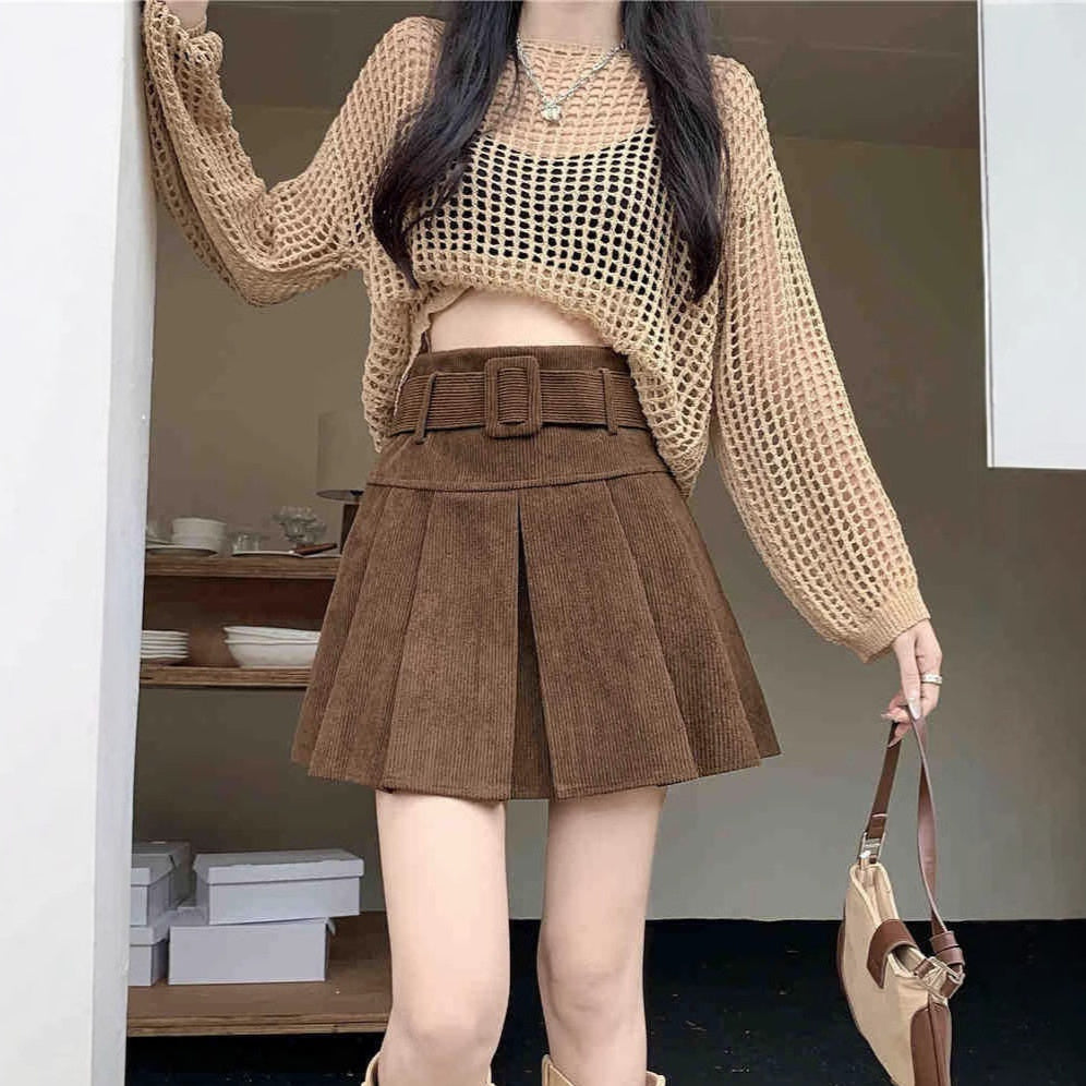 Anti Exposure Figure Flattering High Waisted Pleated Corduroy Skirt