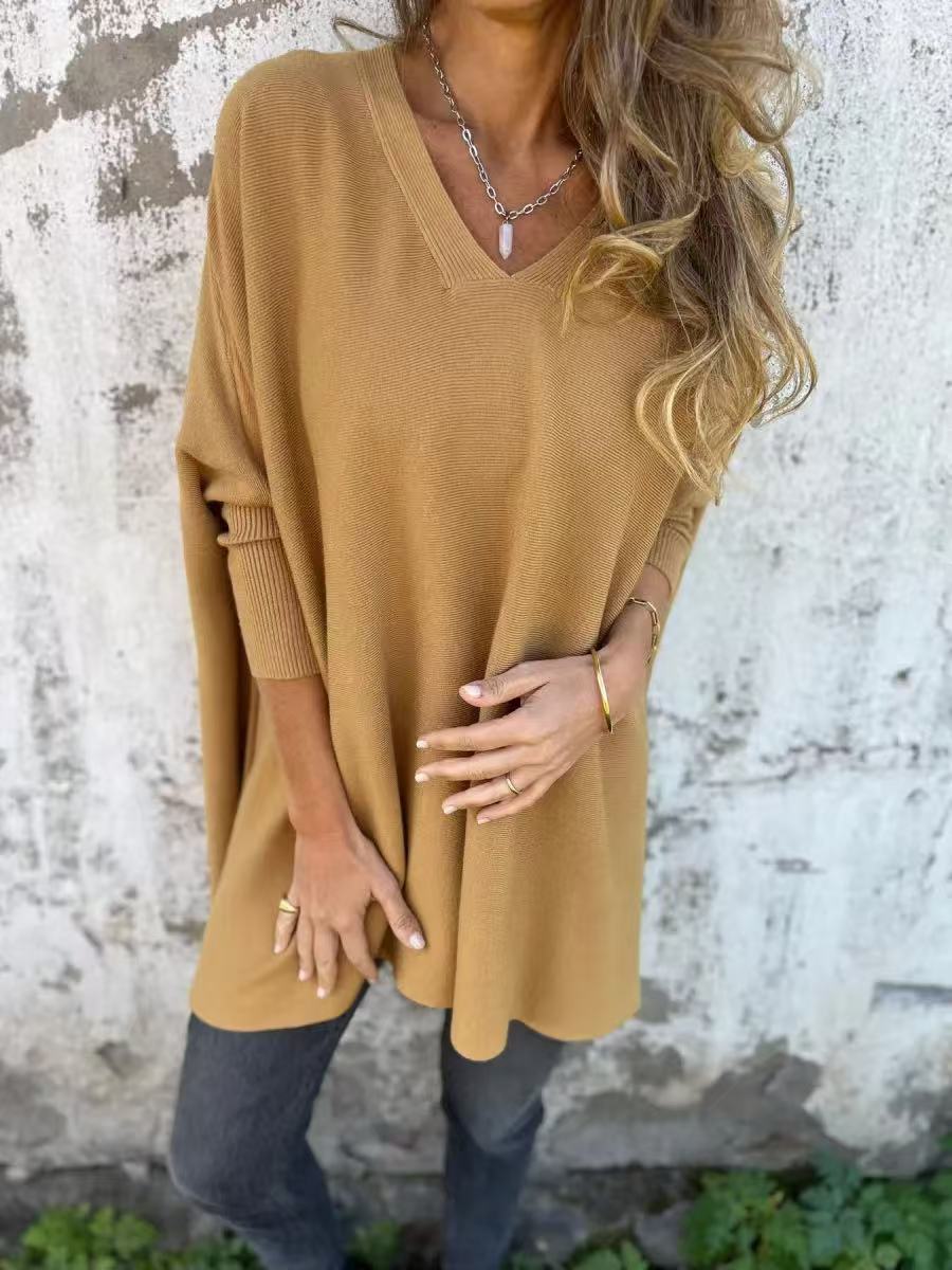 Autumn Winter Knitted V Neck Long Sleeve Loose Top For Women