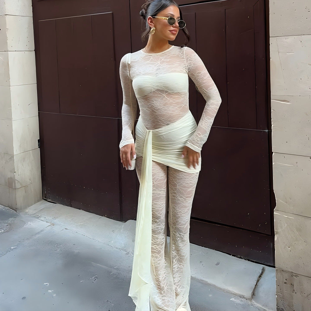 Sheer Lace Sexy Ribbon Slim Jumpsuit