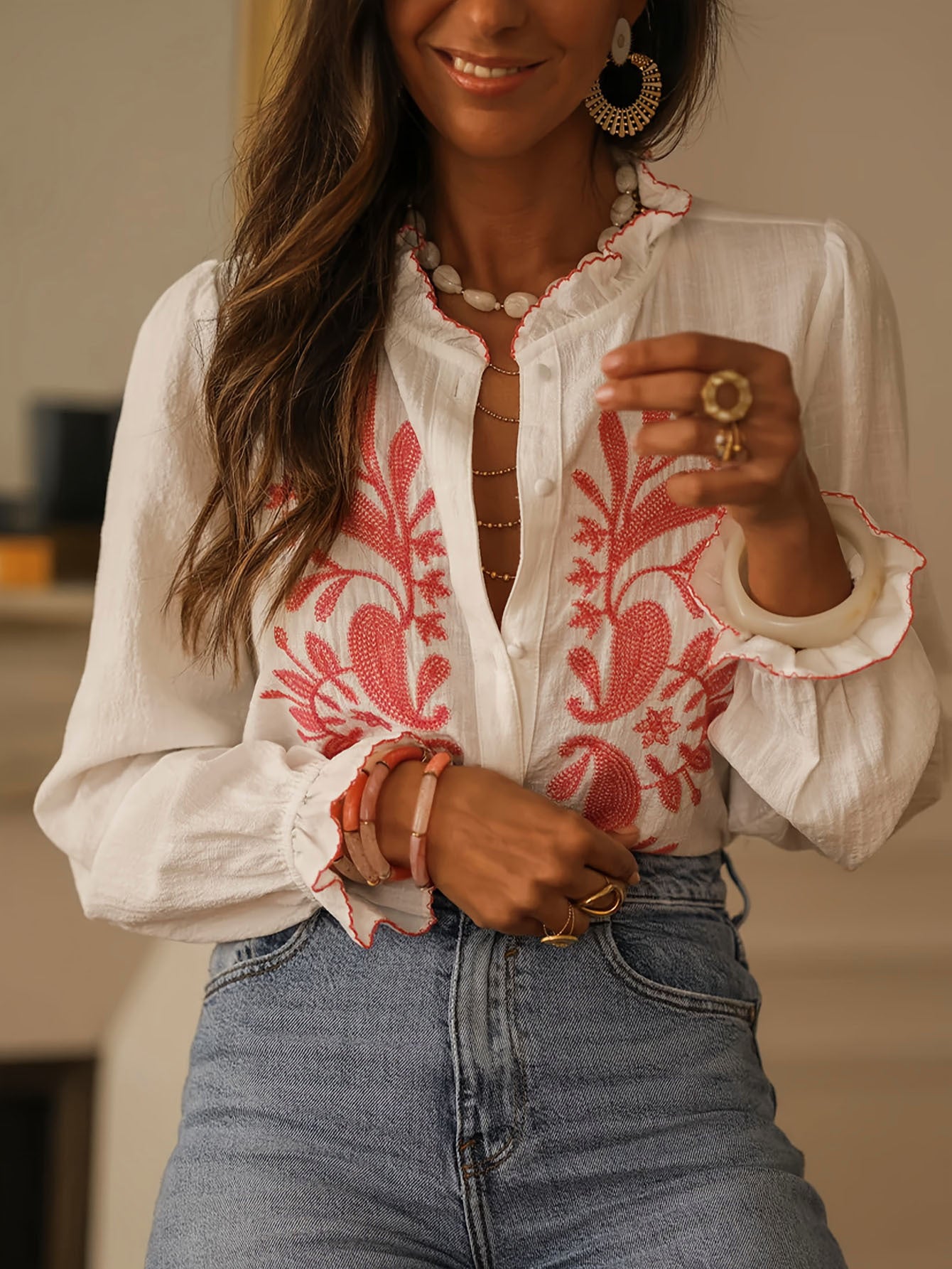 Women's Street-Style Fashion Long-Sleeve Printed Patchwork Blouse