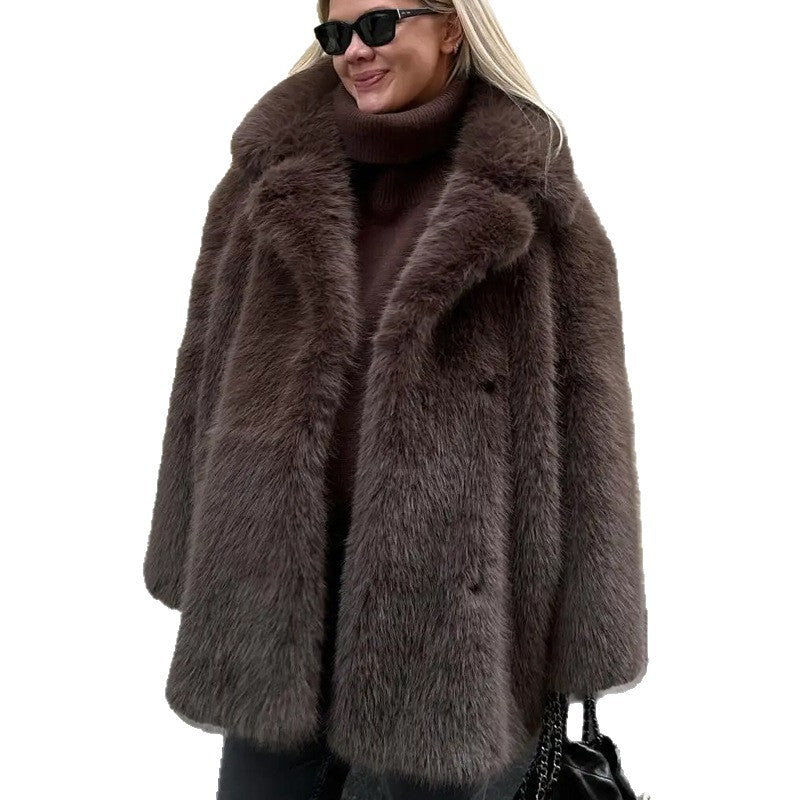Women's Autumn Winter Warm Notched Collar Mid-Length Fur Coat